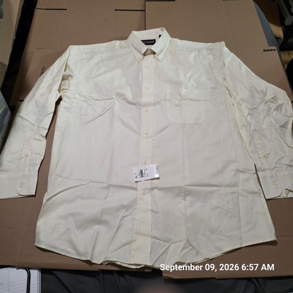 Kenneth Gordon USA Mens Dress Shirt 17.5 35 Cream Pinpoint Oxford Button Down